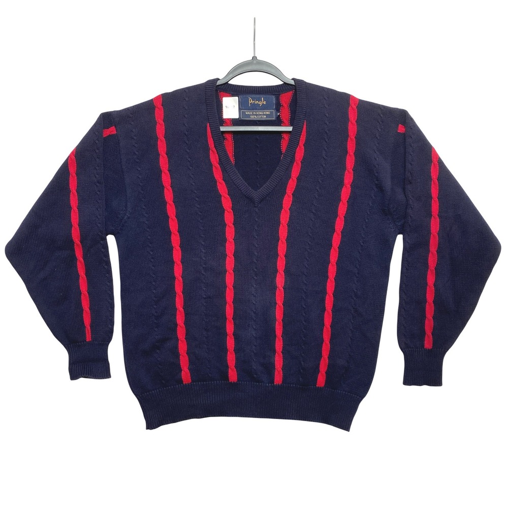 Pringle Sweater Mens Size M Navy Blue Red Cable Knit Cotton Vintage V-Neck